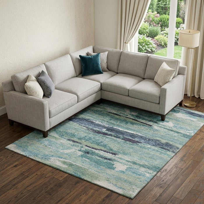 10' X 14' Abstract Washable Area Rug With UV Protection (674982) - Artichoke Green / Teal / Ivory