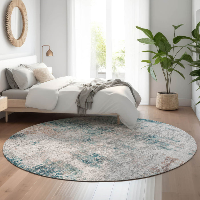 8' Copper Abstract Washable Round Rug With UV Protection - Teal