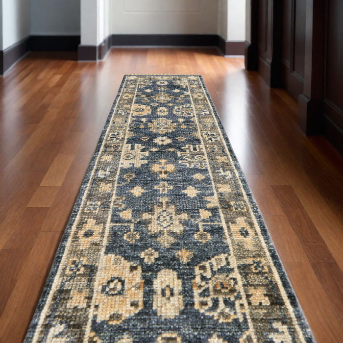12' Wool Floral Hand Knotted Runner Rug With Fringe - Blue And Gray