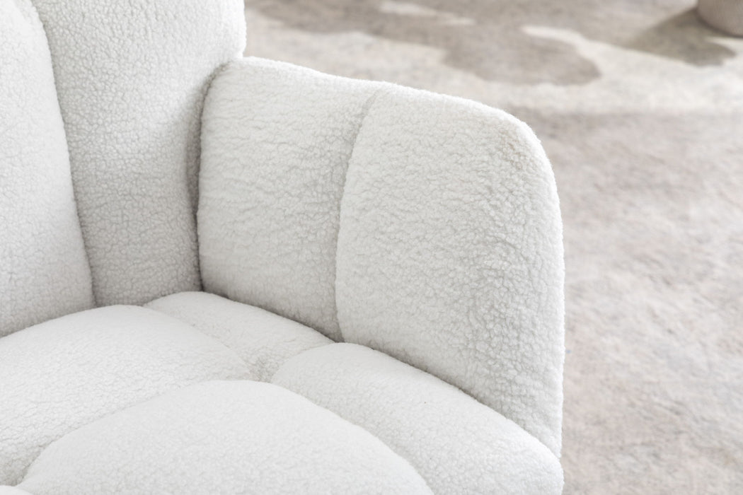Giga ivory teddy fabric nursery rocker chair with cushioned seat and backrest, ideal for living room or nursery decor.