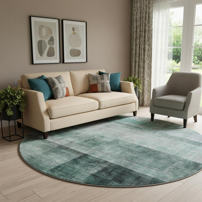 8' Abstract Washable Round Rug With UV Protection (649657) - Teal / Ivory