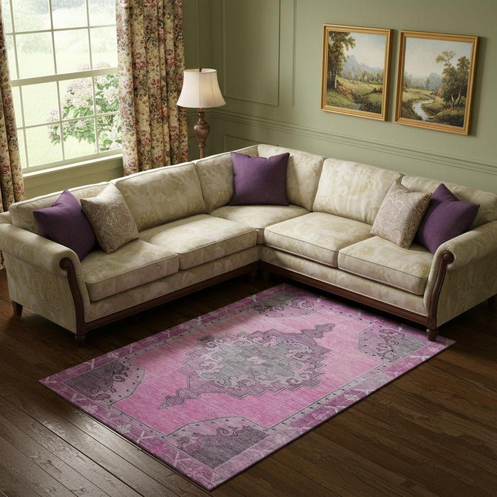 10' X 14' Oriental Washable Area Rug With UV Protection (699478) - Pink / Gray