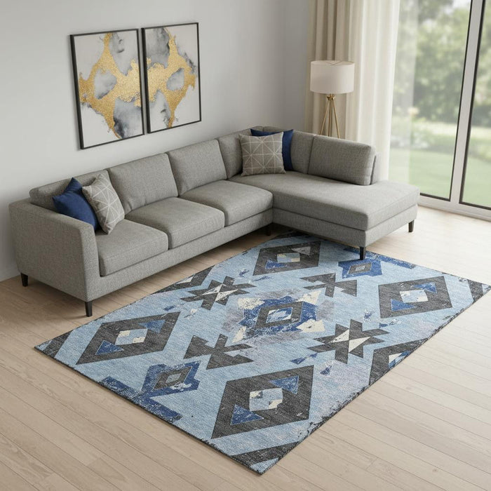 10' X 14' Southwestern Washable Area Rug With UV Protection (706745) - Blue / Charcoal / Ivory
