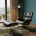 Black and brown tufted leather swivel lounge chair with matching ottoman, featuring a stationary design from HomeRoots.
