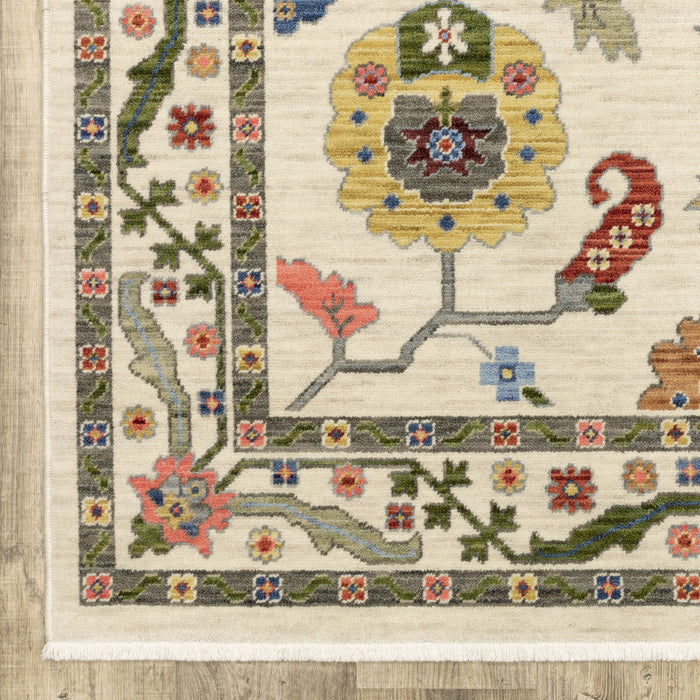 5' x 8' Oriental Power Loom Stain Resistant Area Rug With Fringe - Ivory Green Blues Pink Yellow Rust Brown Tan And Gray
