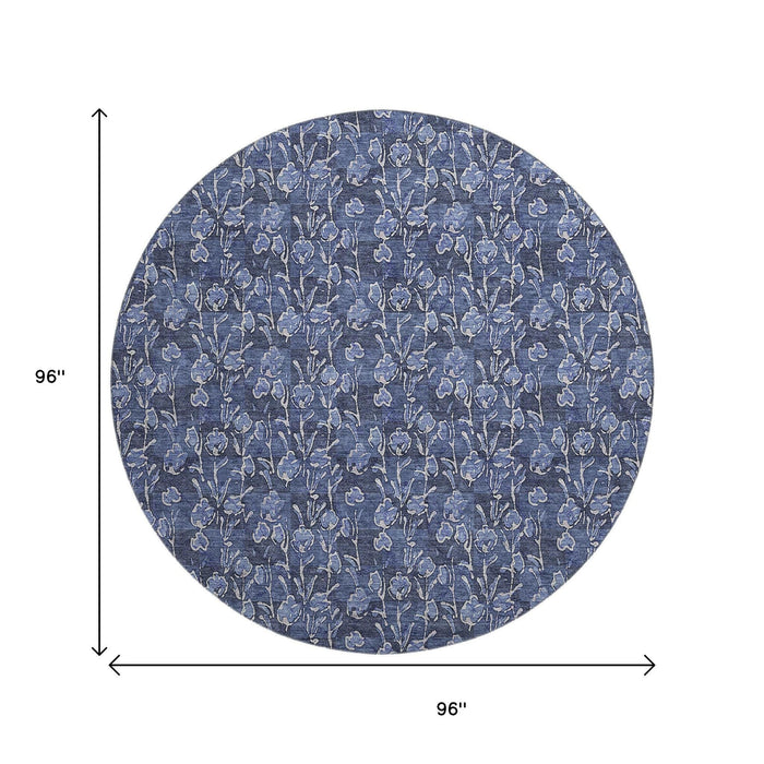 8' Floral Washable Round Rug With UV Protection (656451) - Navy Blue / Ivory