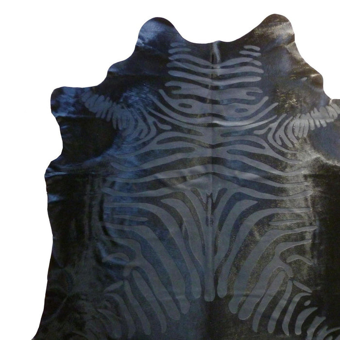 6' Etched Zebra Stenciled Cowhide Rug - Black