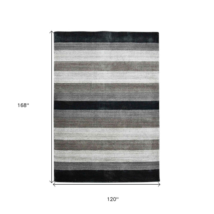10' X 14' Wool Striped Hand Woven Area Rug - Black And Gray