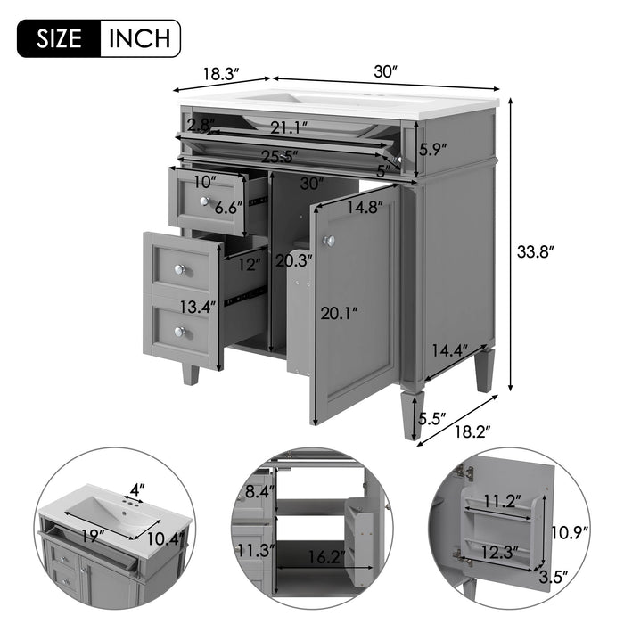 Giga bathroom vanity with top sink, storage cabinet, two drawers, and tip-out drawer for organized bathroom storage