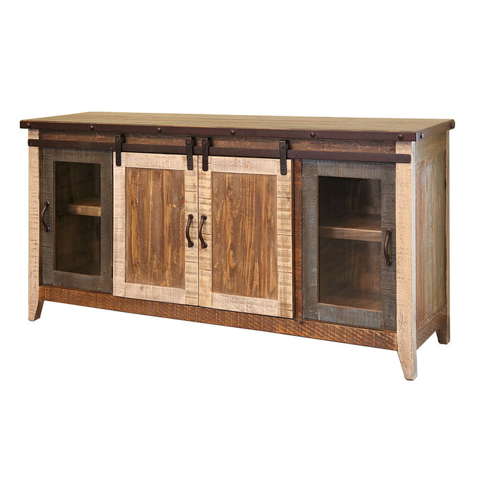 Distressed brown wood TV stand with enclosed storage and cabinet doors, ideal for home entertainment and media organization.