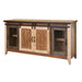 Distressed brown wood TV stand with enclosed storage and cabinet doors, ideal for home entertainment and media organization.