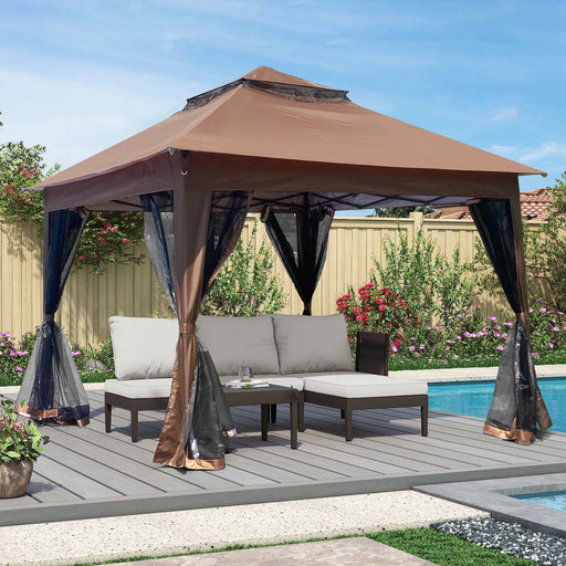 Giga outdoor pop-up gazebo canopy with two-tier soft top and removable zipper netting, providing shade and protection for outdoor events.