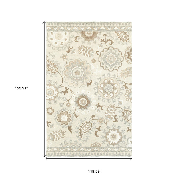 10' X 13' Wool Floral Hand Tufted Area Rug - Ivory And Gray
