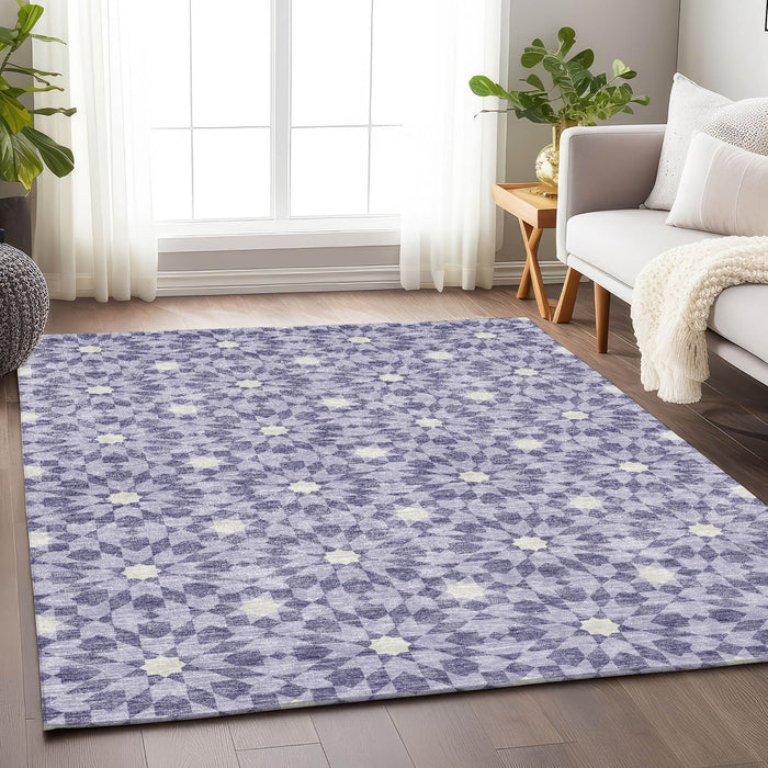 9' X 12' Geometric Washable Area Rug With UV Protection - Lilac And Ivory