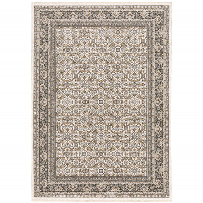 6' x 9' Oriental Power Loom Stain Resistant Area Rug With Fringe - Ivory And Gray
