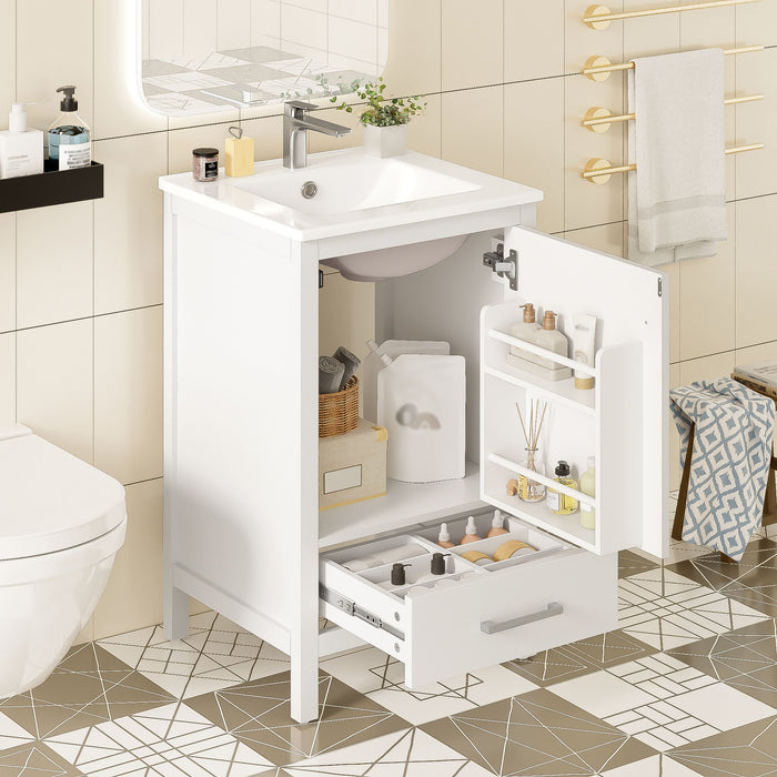 Giga bathroom vanity with ceramic sink, soft-close drawers, door organizer, divider drawer, and adjustable foot pads.