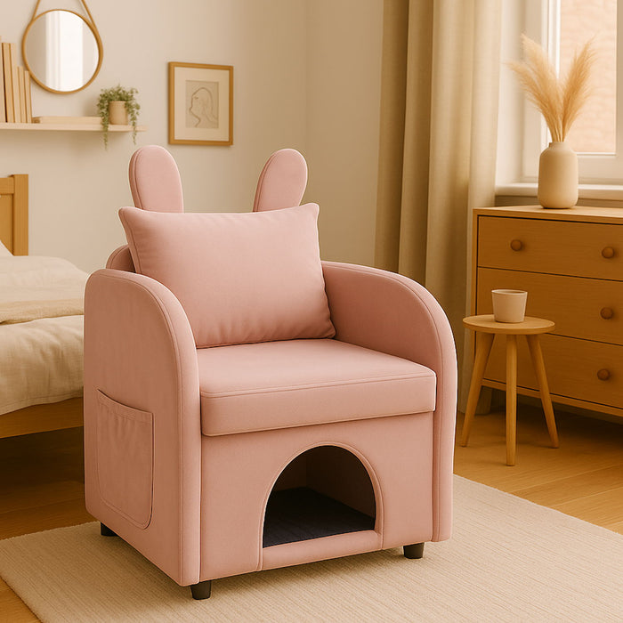 Pink Bunny Ear Giga pet-friendly armchair with hidden pet house and storage pocket, ideal for bedroom or living room.