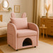 Pink Bunny Ear Giga pet-friendly armchair with hidden pet house and storage pocket, ideal for bedroom or living room.