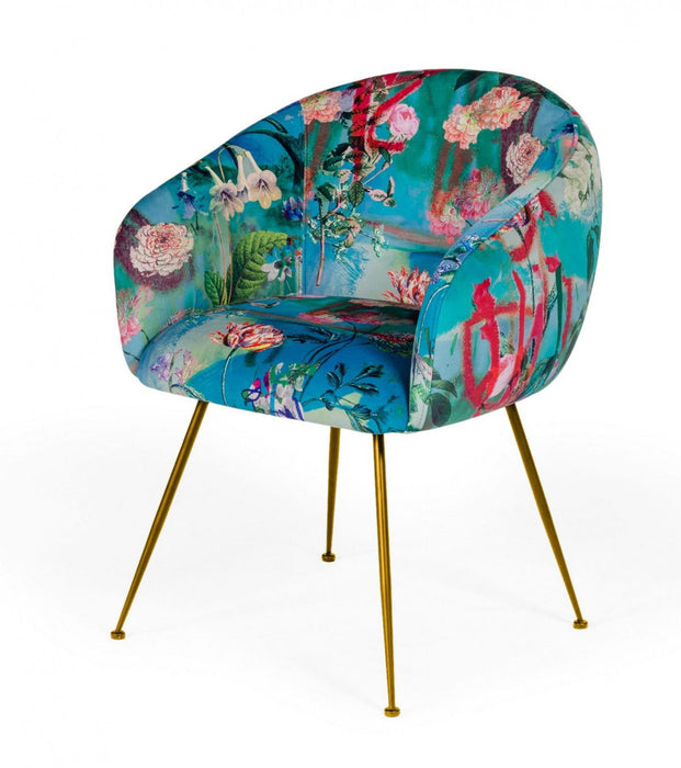 Floral Velvet Dining Arm Chair - Blue / Green