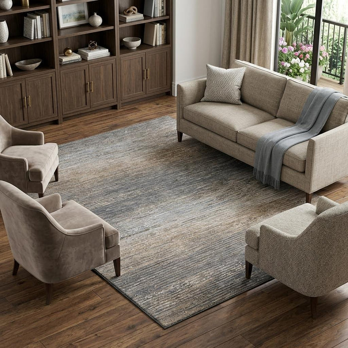 10' X 14' Striped Washable Area Rug With UV Protection (692643) - Pewter / Gray / Beige
