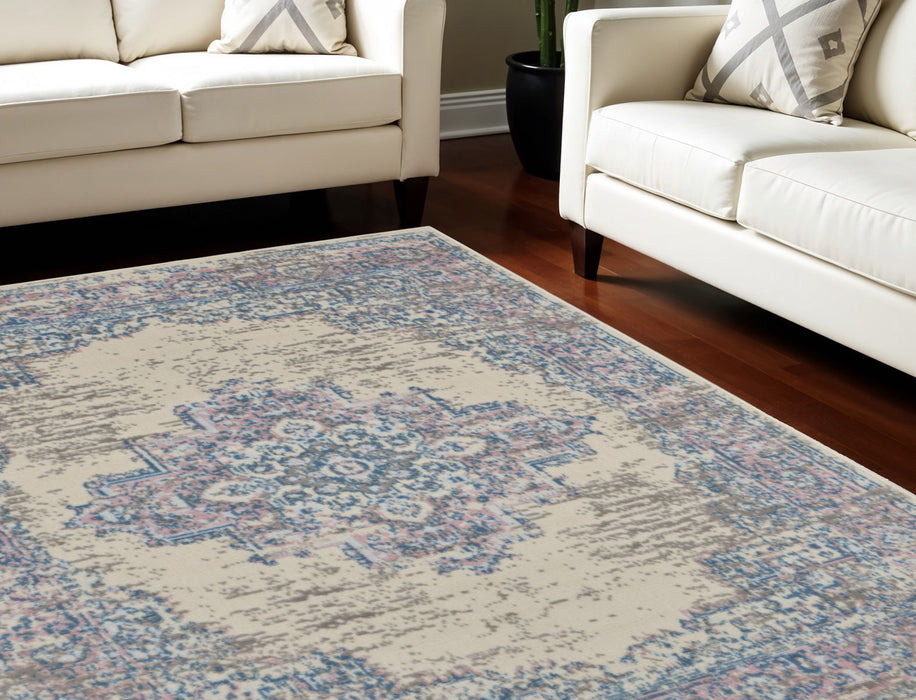 9' X 12' Floral Medallion Distressed Non Skid Area Rug - Pink