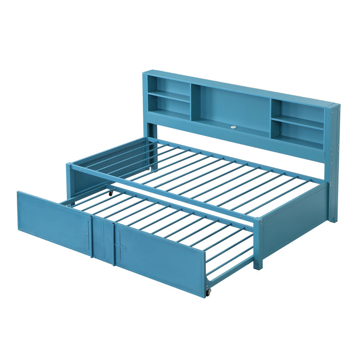 Giga industrial metal daybed with trundle, storage shelves, and USB ports, featuring a sturdy metal frame and modern design.