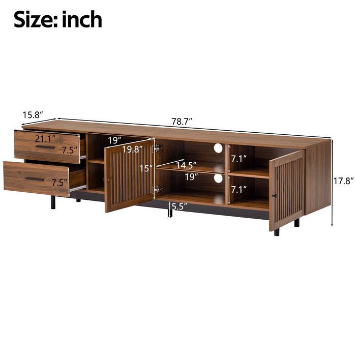 Giga walnut 78-inch TV stand with deep drawers, cable management, and soft-close hinges for TVs up to 85 inches.