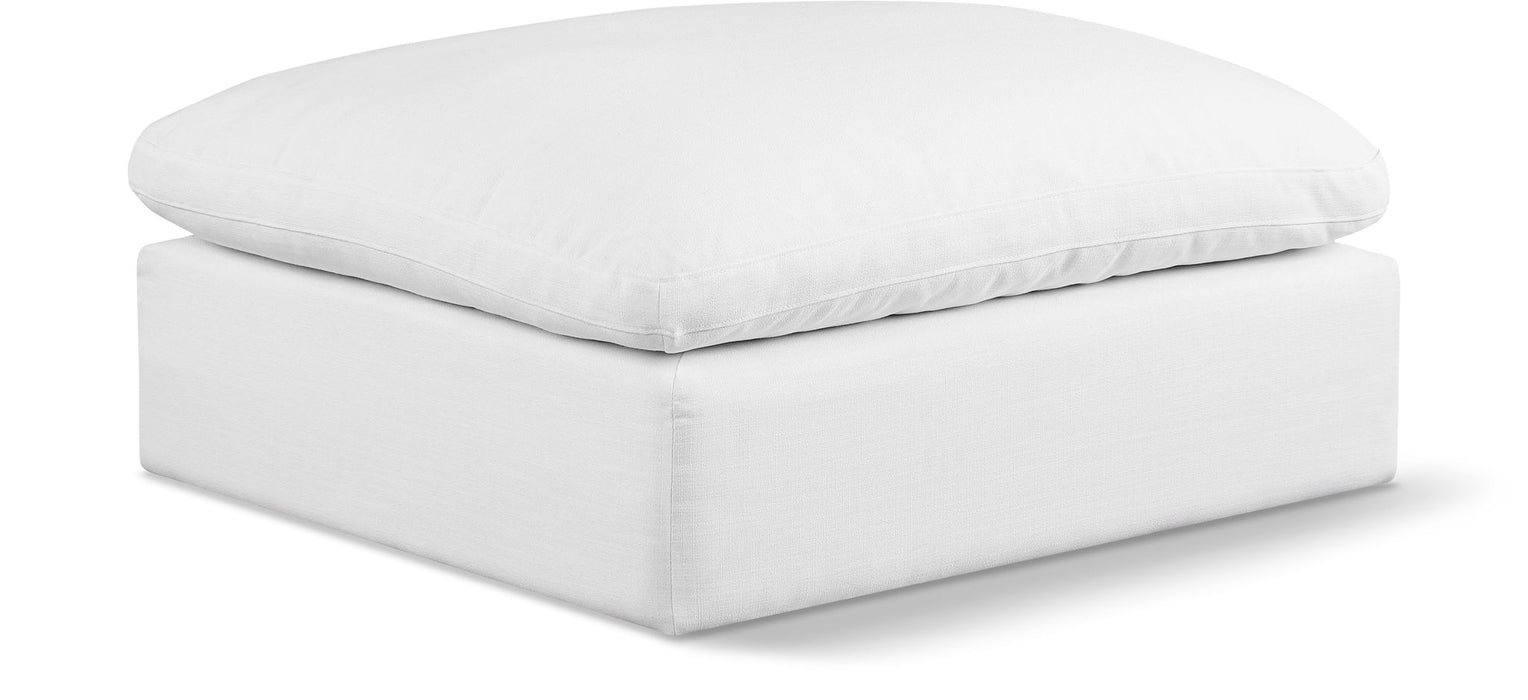 Meridian Furniture Comfy linen upholstered ottoman with cushioned top and sturdy wooden legs, ideal for living room decor.