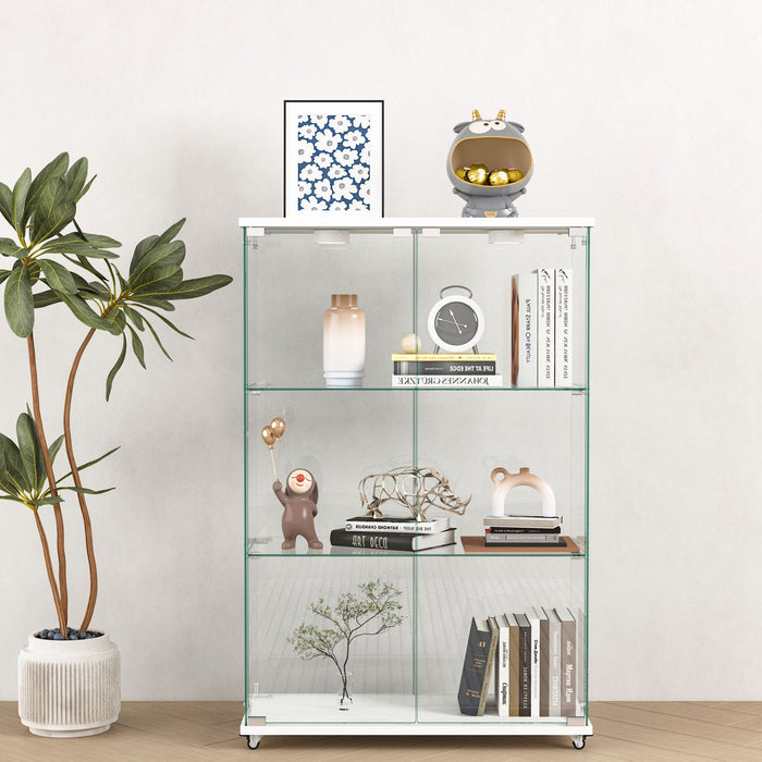Giga modern display cabinet with LED lights, transparent tempered glass doors, two-door storage and three shelves inside