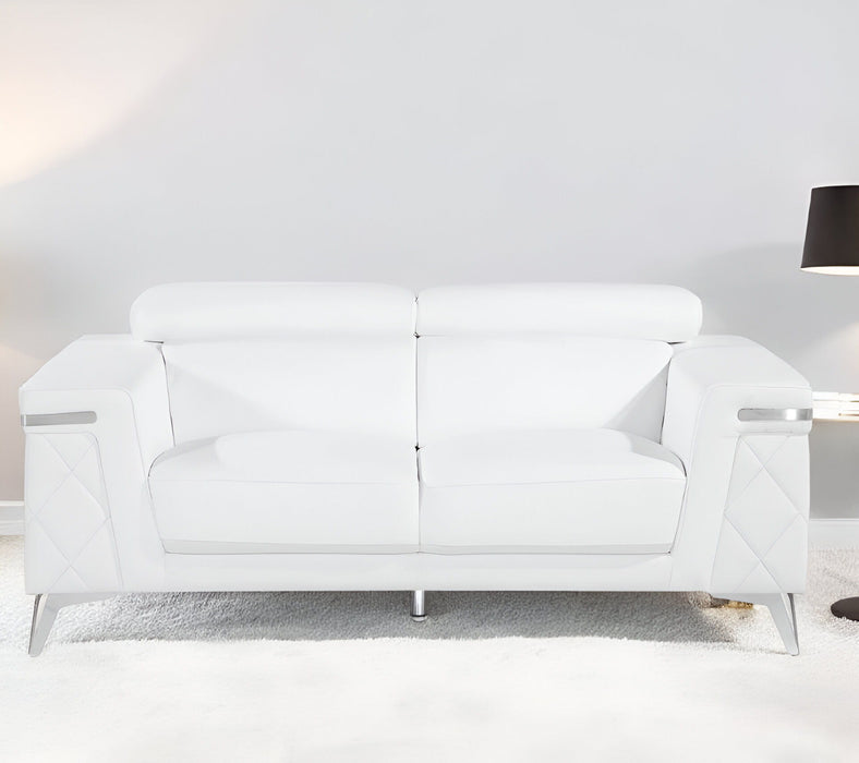 Metallic Leather Loveseat - White / Silver