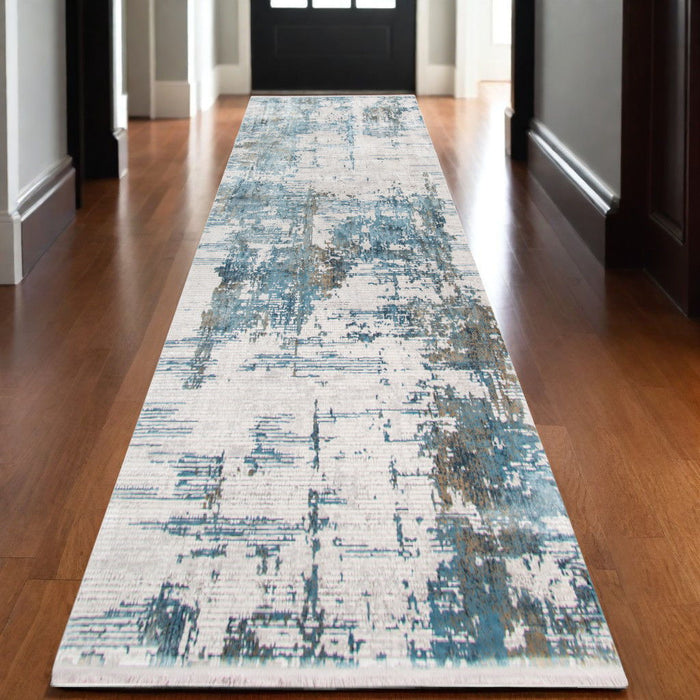 3' X 10' Abstract Runner Rug With Fringe - Ivory
