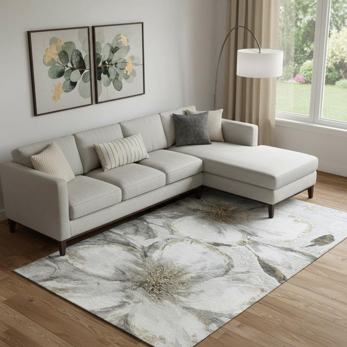 10' X 14' Floral Washable Area Rug With UV Protection (716665) - Silver / Gray