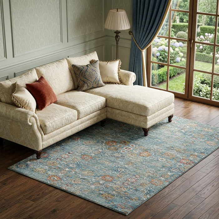 10' X 14' Floral Medallion Distressed Washable Area Rug With UV Protection (644216) - Blue / Orange / Gold