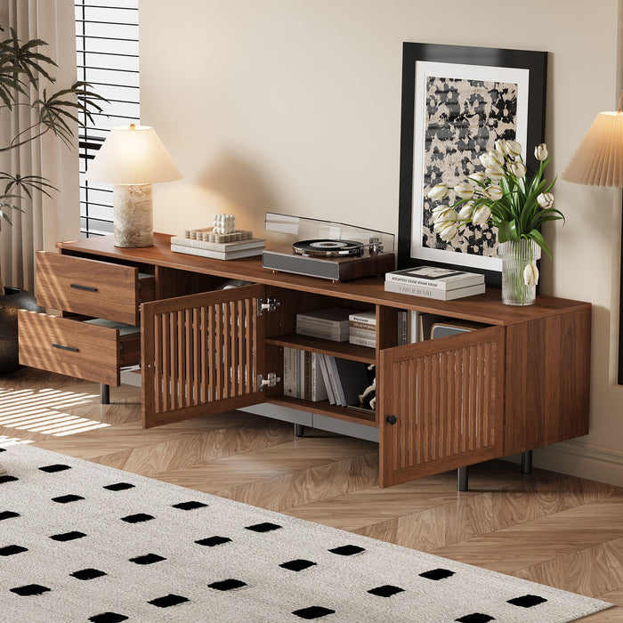 Giga walnut 78-inch TV stand with deep drawers, cable management, and soft-close hinges for TVs up to 85 inches