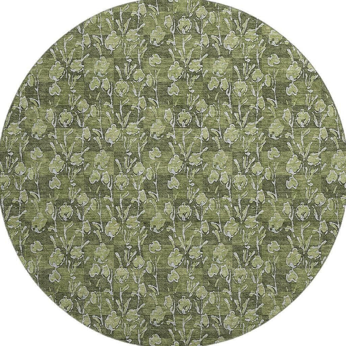 8' Floral Washable Round Rug With UV Protection (656457) - Olive Green / Ivory