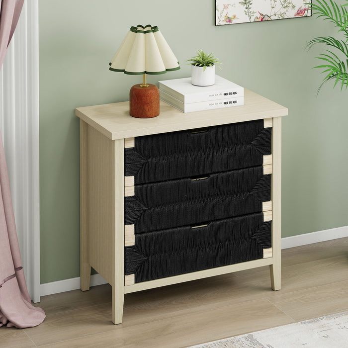 Giga 3-drawer buffet sideboard with adjustable shelves, natural seaweed decor doors, ideal for living room, kitchen, or entryway storage