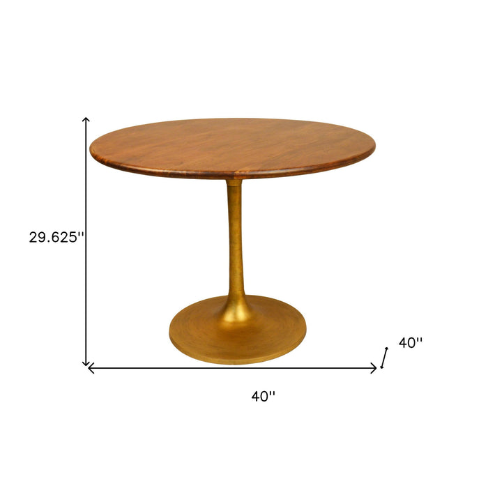 40" Rounded Solid Wood And Iron Pedestal Base Dining Room Table - Brown
