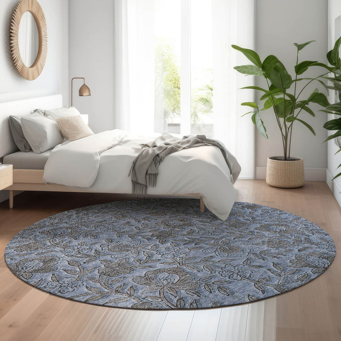 8' Floral Washable Round Rug With UV Protection - Blue And Gray