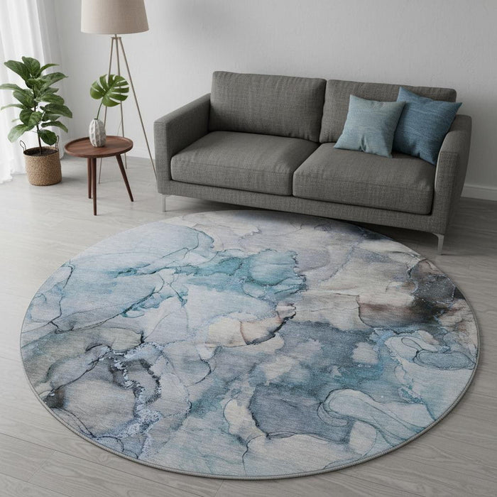 8' Abstract Washable Round Rug With UV Protection (647293) - Blue / Gray / Ivory