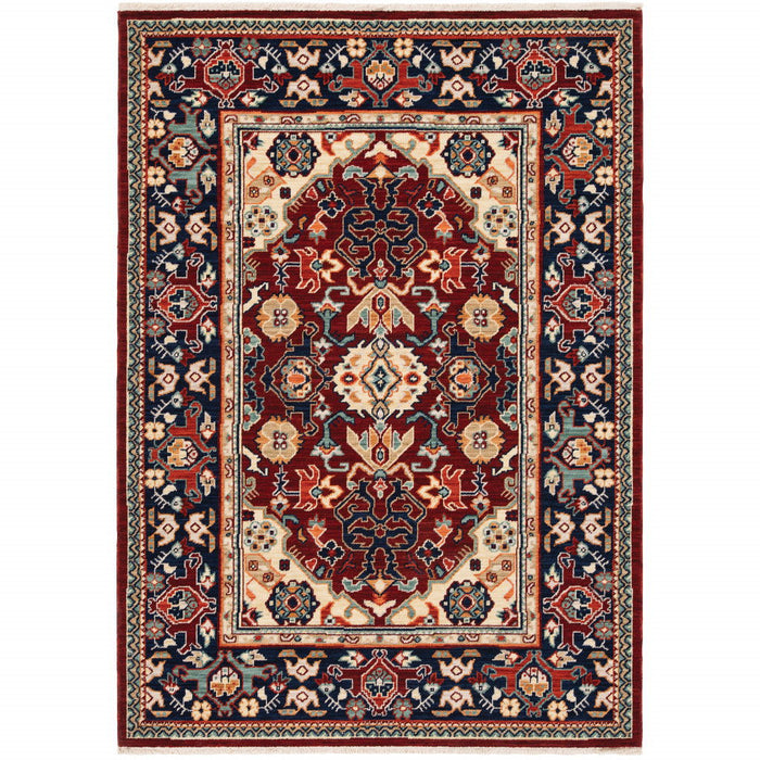 8' x 11' Oriental Power Loom Stain Resistant Area Rug With Fringe - Red Blue Orange And Beige