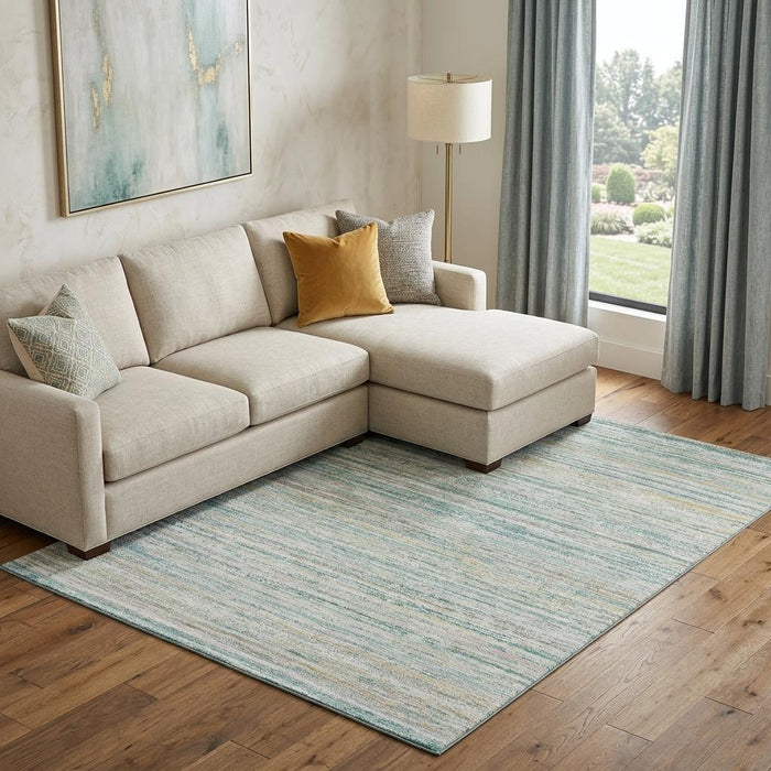 10' X 14' Striped Washable Area Rug With UV Protection (692376) - Teal / Ivory / Gold