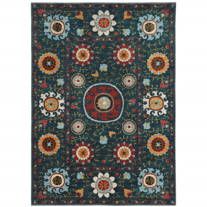 10' x 13' Floral Power Loom Stain Resistant Area Rug - Teal Blue Rust Gold And Ivory
