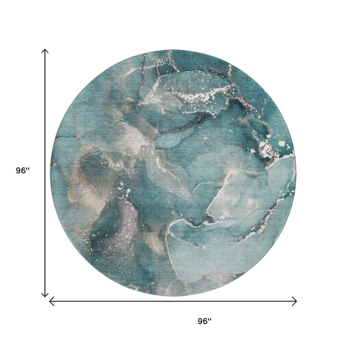 8' Abstract Washable Round Rug With UV Protection (647251) - Teal / Ivory