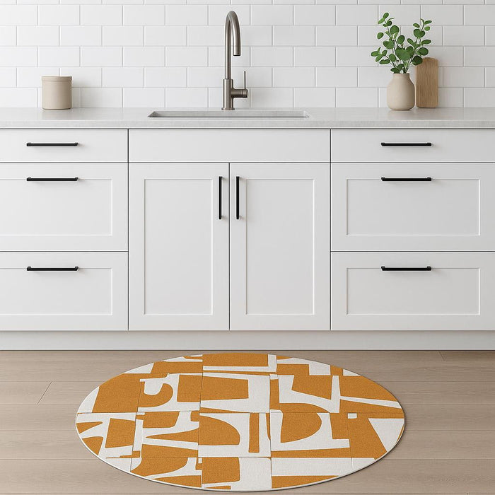 5' Geometric Washable Round Rug (551997) - Yellow / White