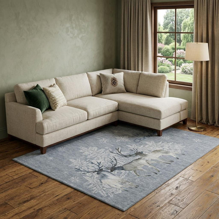 9' X 12' Christmas Deer Washable Area Rug With UV Protection (646414) - Blue / Gray / Ivory