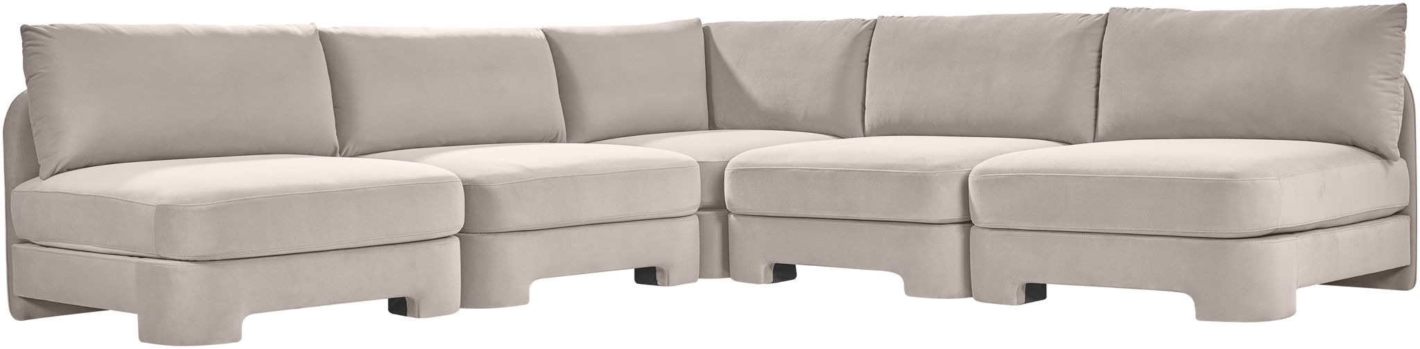 Velvet performance fabric upholstered Meridian Furniture 5-piece armless sectional sofa in a stationary living room setting.