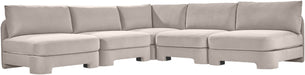 Velvet performance fabric upholstered Meridian Furniture 5-piece armless sectional sofa in a stationary living room setting.
