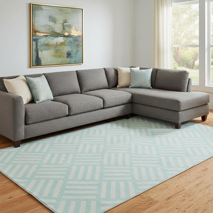 10' X 14' Geometric Washable Area Rug With UV Protection (652323) - Aqua / Ivory