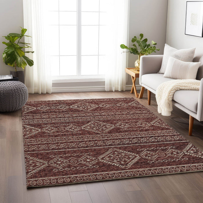 8' X 10' Tribal Washable Area Rug With UV Protection - Burnt Sienna And Ivory