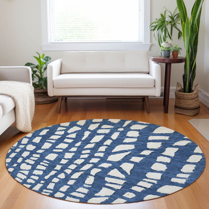 8' Cobblestone Washable Round Rug With UV Protection - Navy Blue And Ivory
